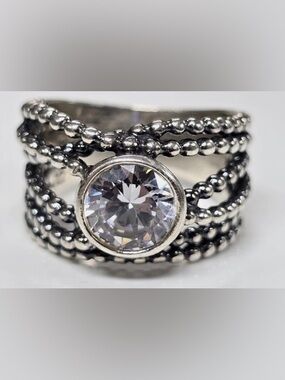 925 Silver Didae Israel Beaded Band Ring with Clear Round Stone